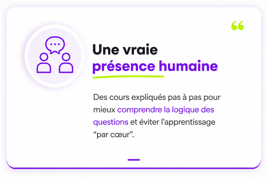 Carte pédagogique Code en Live mettant en avant une vraie présence humaine avec accompagnement, écoute et cours de code de la route en direct.