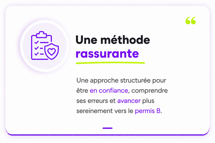 Carte “Une méthode rassurante” de Code en Live illustrant un accompagnement structuré pour comprendre ses erreurs et progresser plus sereinement vers l’examen du code.