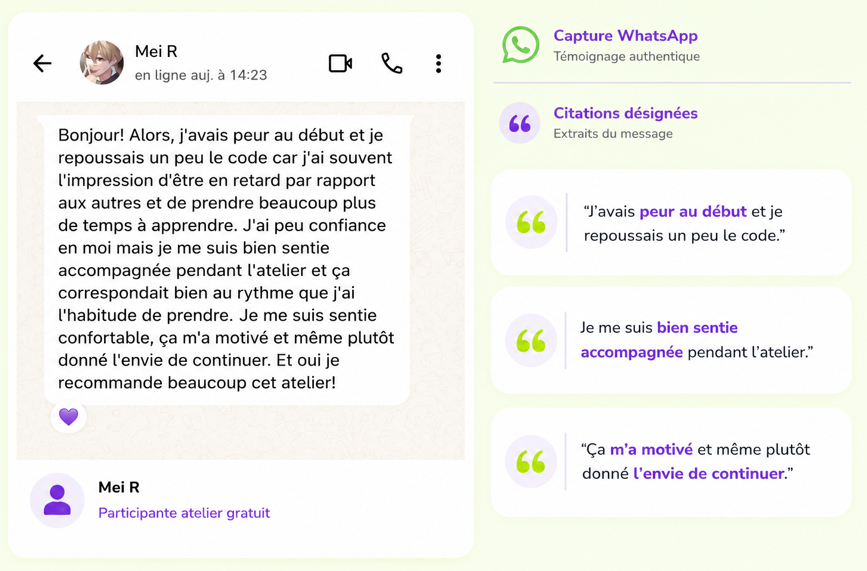 Capture de témoignage WhatsApp d’une participante à un atelier gratuit Code en Live expliquant avoir repris confiance grâce à un accompagnement humain et motivant pour apprendre le code de la route.