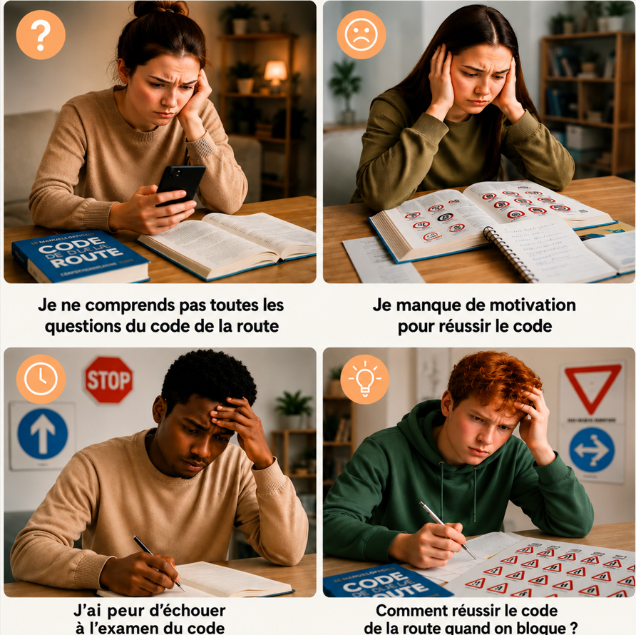Difficultés pour réussir le code de la route : stress, manque de compréhension, révisions inefficaces et besoin d’aide pour apprendre le code avec accompagement
