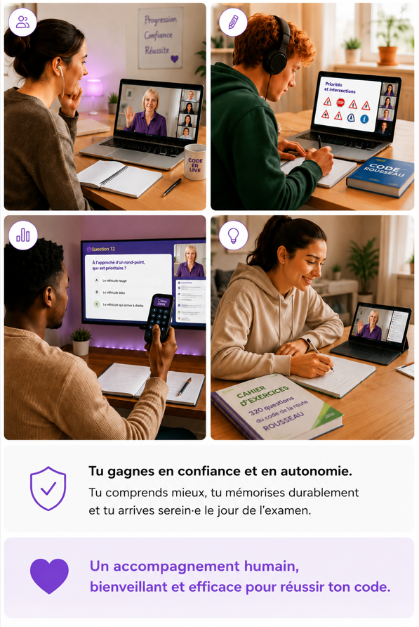 Apprentissage du code de la route en ligne avec accompagnement humain en direct, petits groupes, outils Code Rousseau et exercices interactifs pour progresser vers l’examen du permis B.