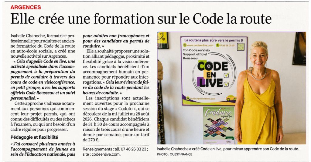 Article Ouest-France présentant Code en Live et sa méthode d'apprentissage du code de la route en ligne