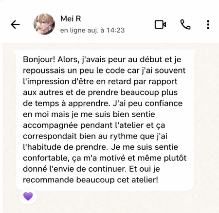 Avis authentique Mei chez Code en Live